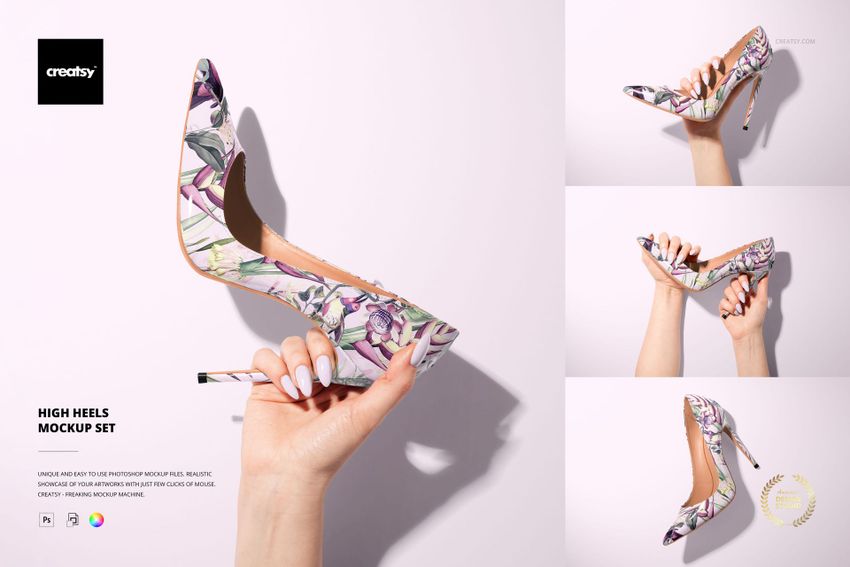 High heels with a floral pattern held by a hand, shown from multiple angles against a light background in a mockup set.