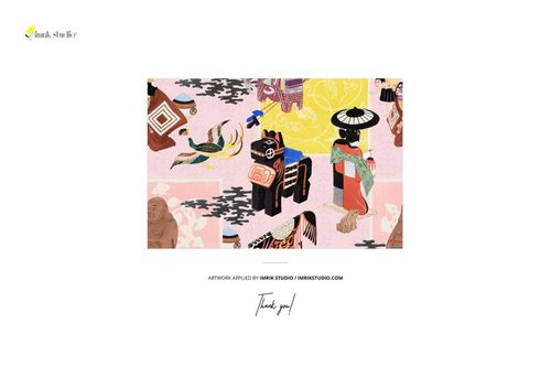 Front view of a kids yukata mockup featuring a colorful traditional Japanese pattern with figures and animals.