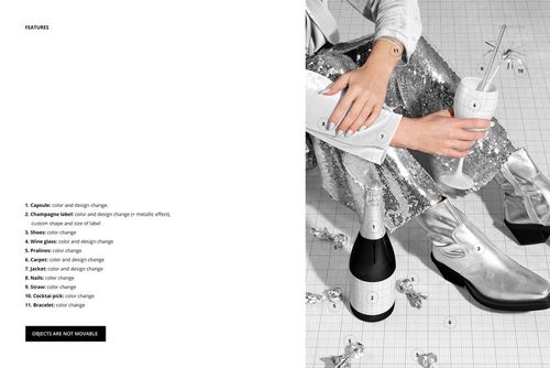 Front angle of a festive setup featuring a velvet carpet, sparkling silver boots, champagne branding mockup, and party props.