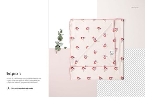 Swaddle blanket mockup featuring a soft pink floral design, pink trim, and eucalyptus leaves on a white background.