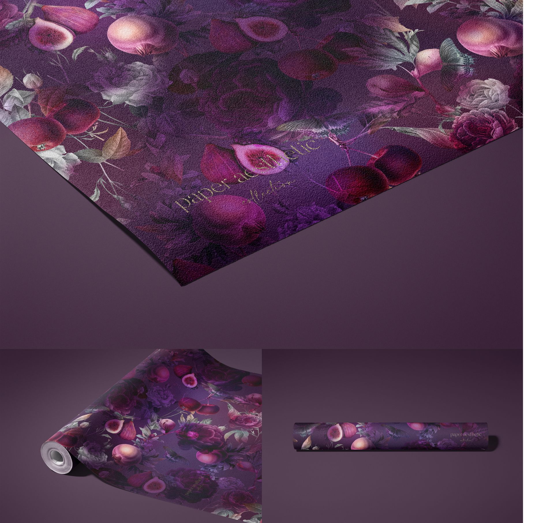 Rolled non-woven vinyl wallpaper mockup with purple floral and fruit pattern, shown on a solid background.