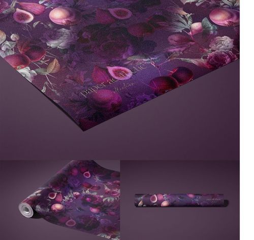 Rolled non-woven vinyl wallpaper mockup with purple floral and fruit pattern, shown on a solid background.