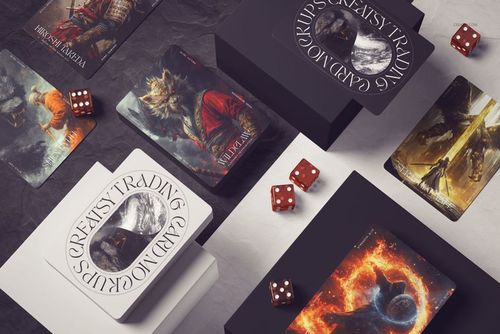 PSD mockup of trading cards featuring illustrated characters, placed on boxes with dice and dramatic lighting.