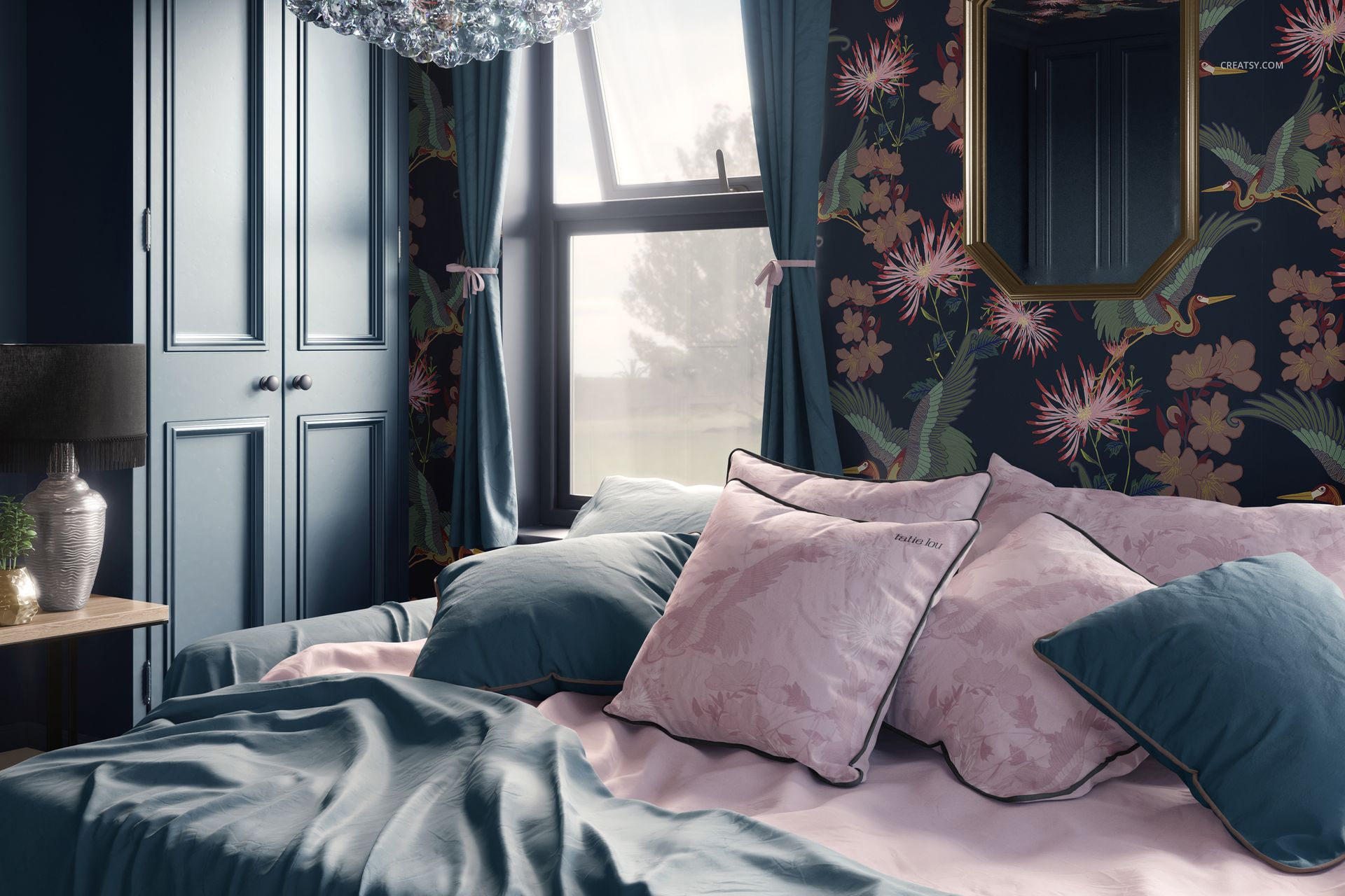 PSD mockup of a stylish bedroom with botanical wallpaper, blue curtains, and neatly arranged pillows and bedding.