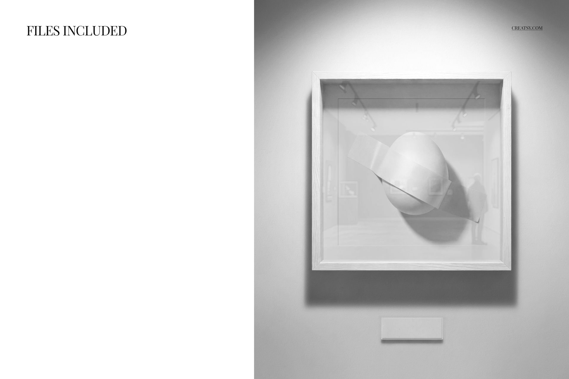 Framed Easter egg mockup in a gallery setting, front view with neutral tones and soft lighting on the wall.