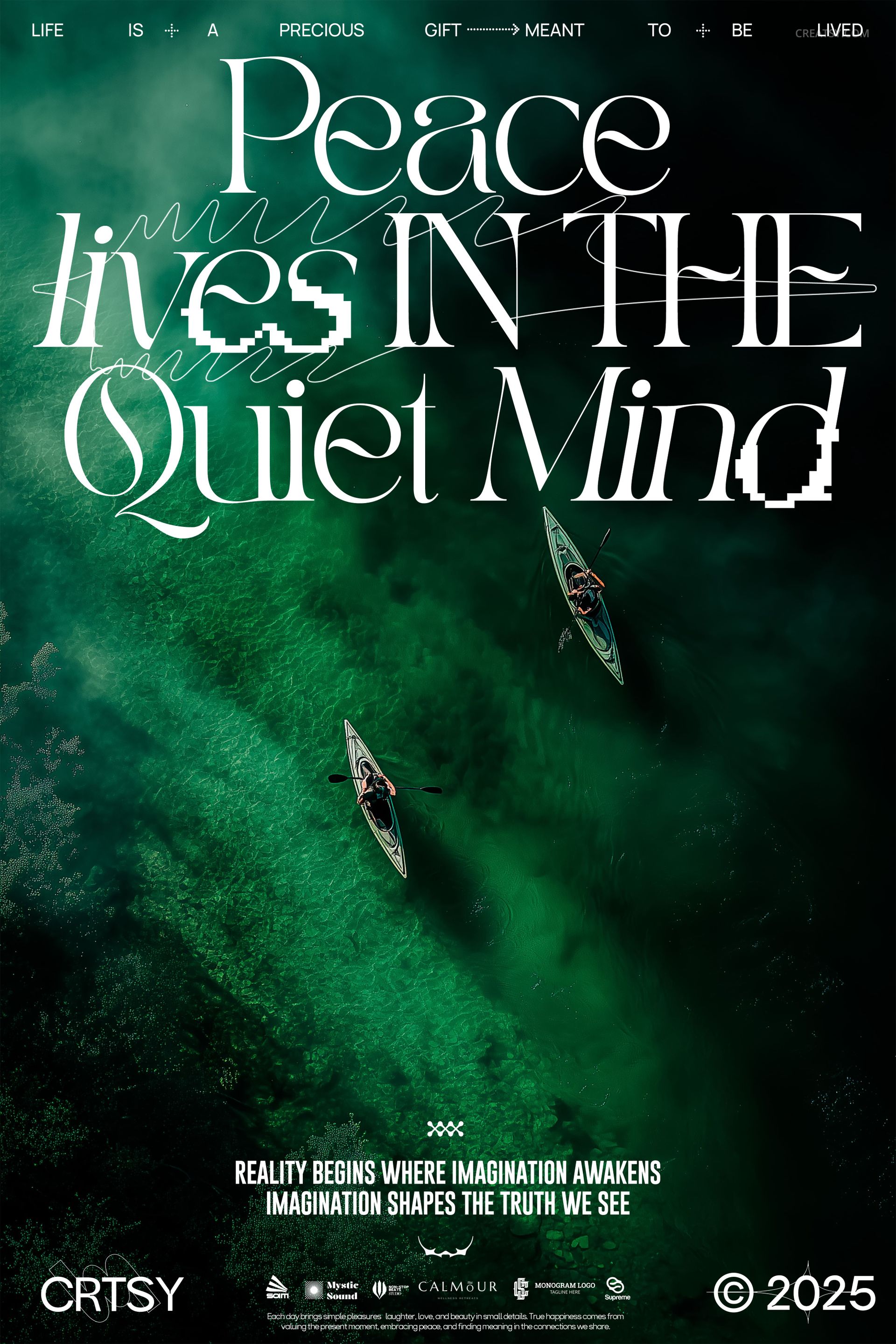 PSD mockup poster showing aerial scene of kayakers on tranquil green water with bold inspirational typography.