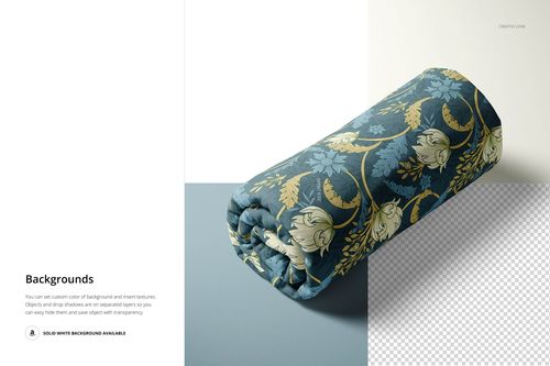 Double brushed polyester fabric mockup featuring a rolled textile with ornate floral design, front perspective.