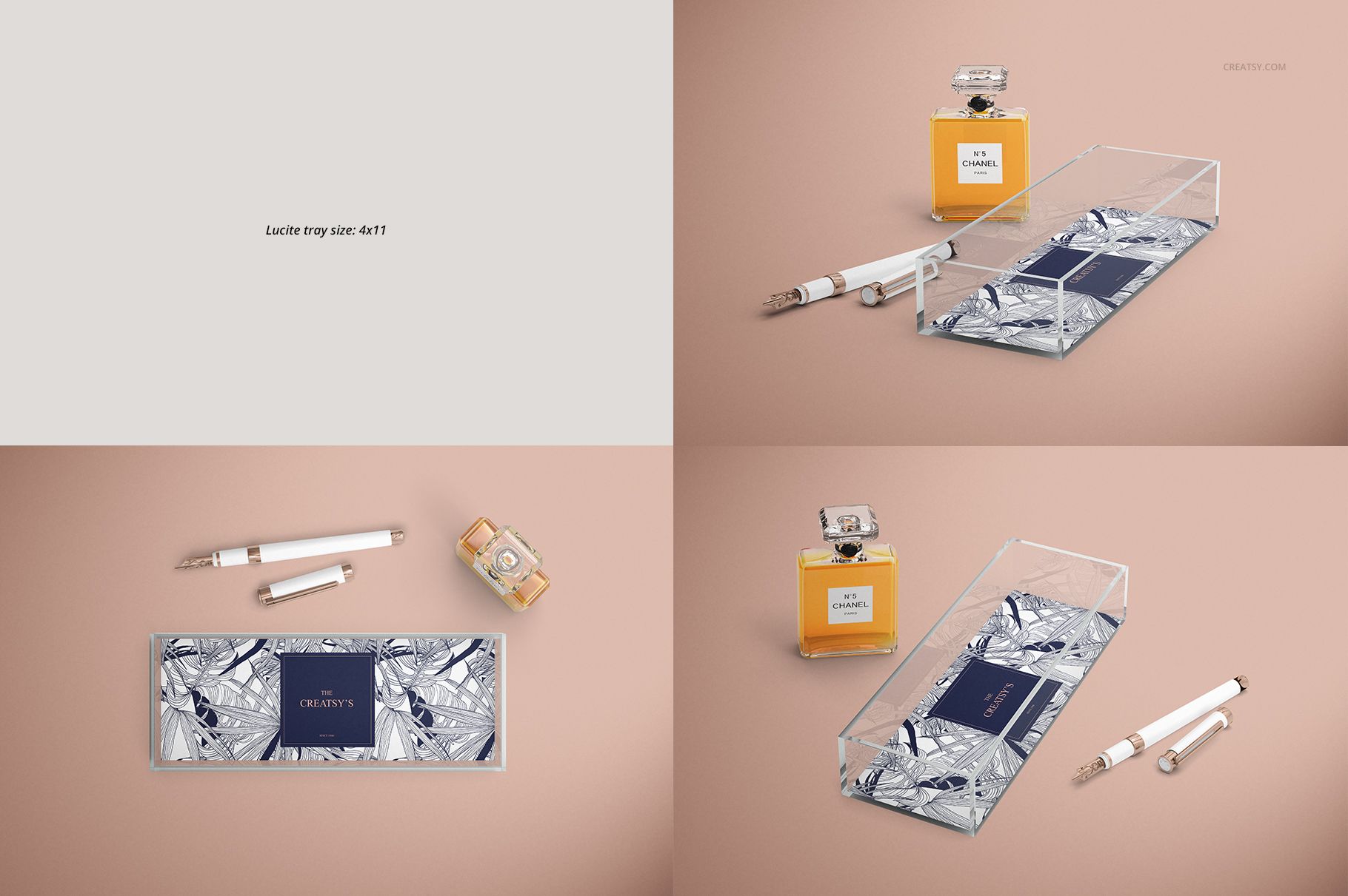 PSD mockup of lucite trays with transparent edges, top and angled views, surrounded by office and perfume props.