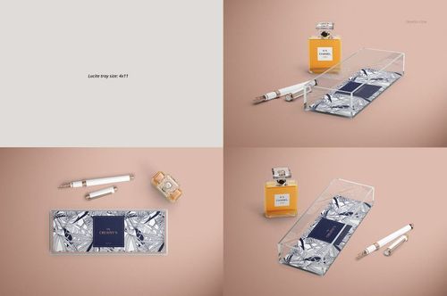 PSD mockup of lucite trays with transparent edges, top and angled views, surrounded by office and perfume props.