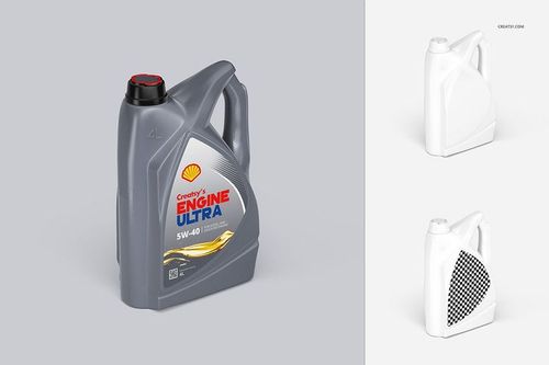 Motor oil bottle mockup set featuring a gray plastic container with handle, displayed with editable label area.