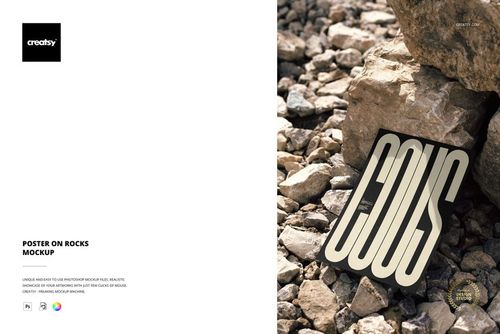 Poster mockup featuring a rectangular print with bold text, placed on natural rocks in sunlight, angled view.