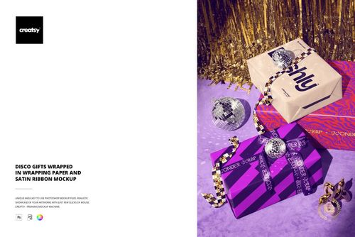 Two gift boxes in vibrant wrapping paper and satin ribbon mockup, surrounded by disco balls and festive gold streamers.