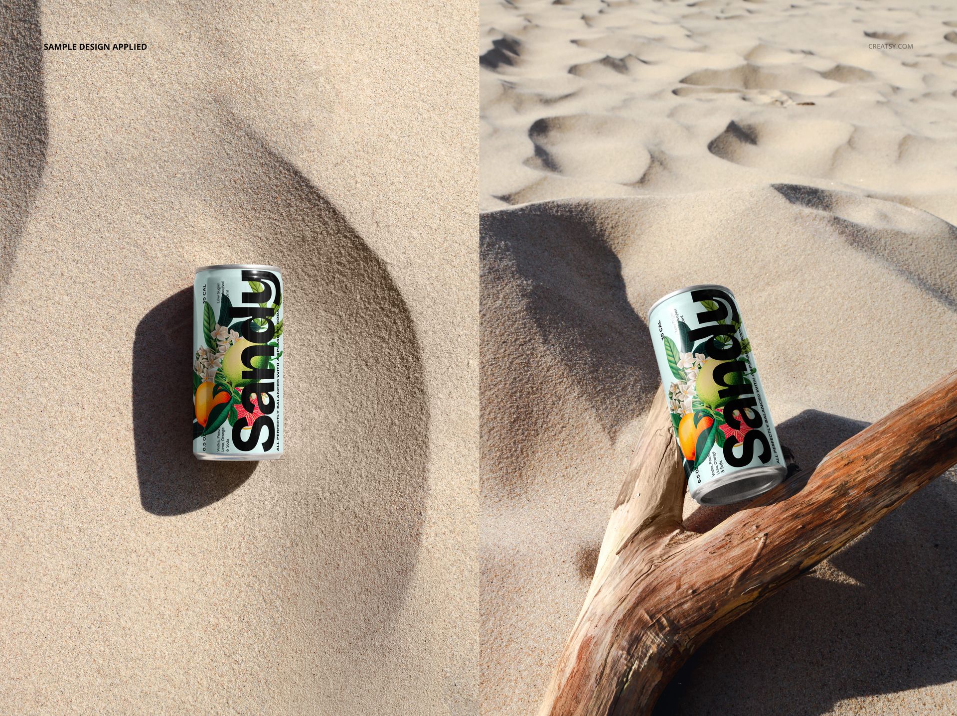 200ml can with colorful graphics resting on sandy beach, shown from above and side view with natural light.