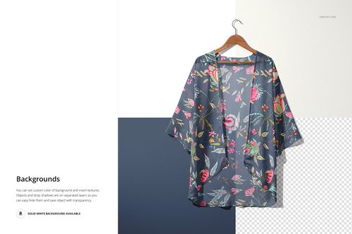 PSD mockup of a chiffon kimono featuring a transparent floral design, shown on a hanger with color block backdrop.