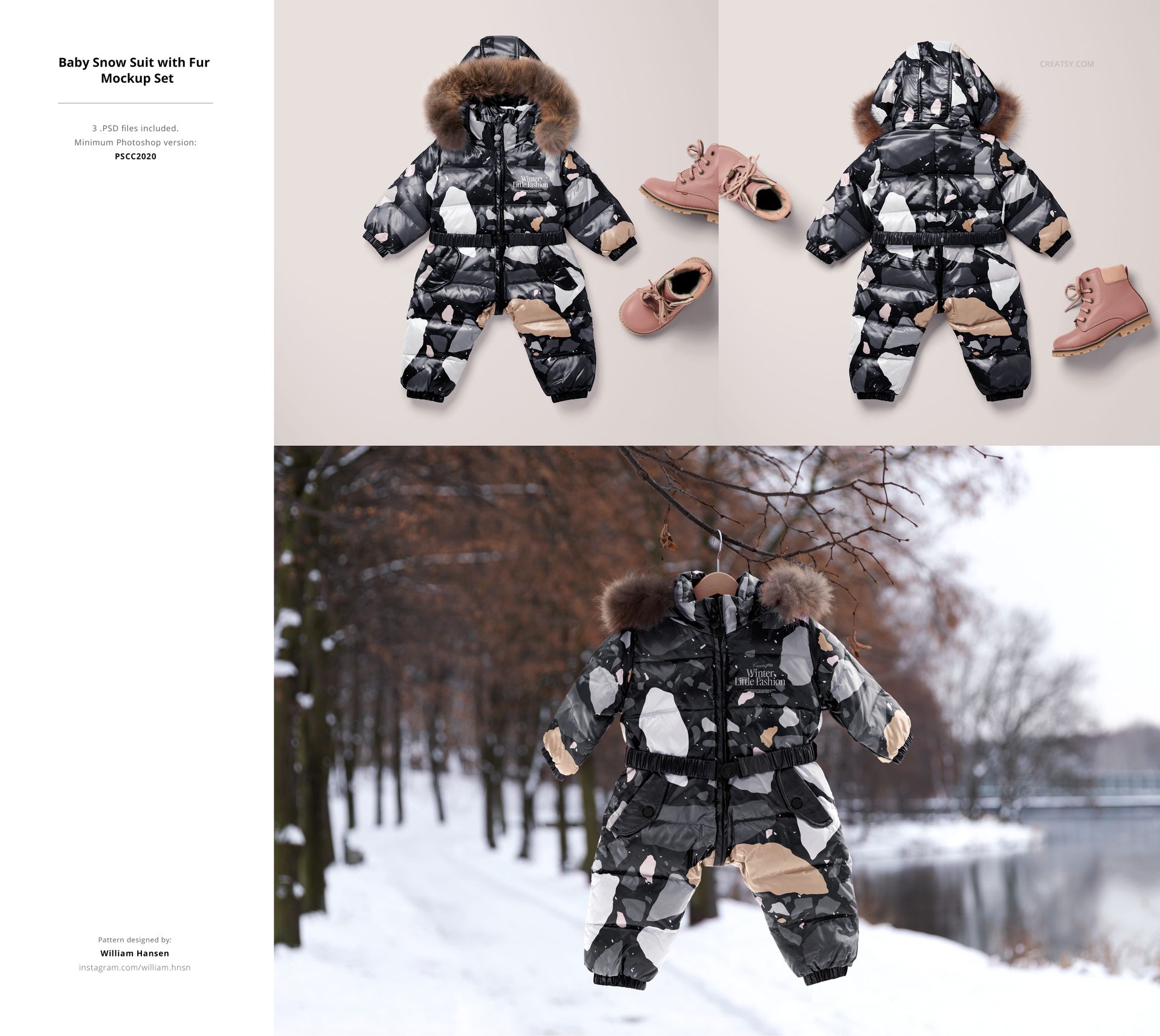 PSD mockup of a baby snow suit with fur hood, geometric print, and matching boots, presented in studio and winter park settings.