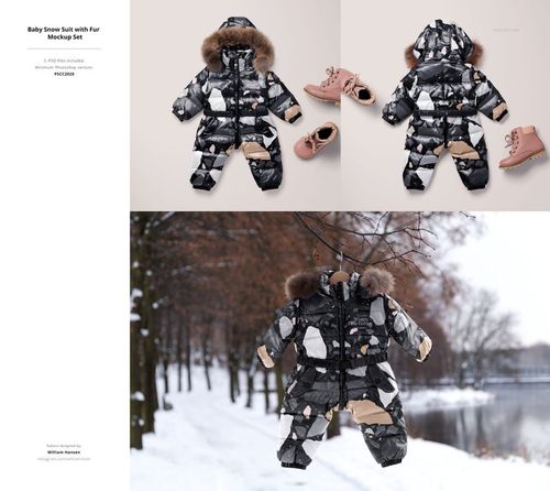 PSD mockup of a baby snow suit with fur hood, geometric print, and matching boots, presented in studio and winter park settings.