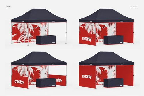 Multiple pop up tent mockups shown from the front, each with a navy canopy and red sides decorated with white foliage.