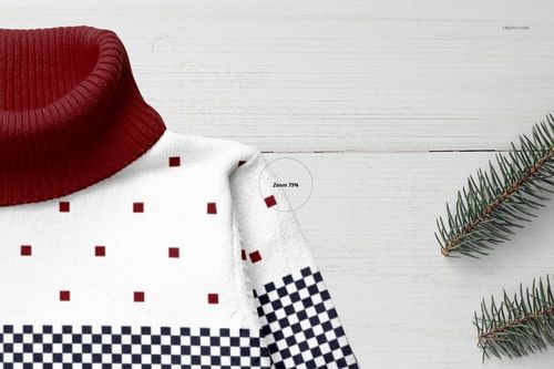 Kids turtleneck mockup featuring a close-up of a red collar with white fabric, red squares, and black checkered pattern.
