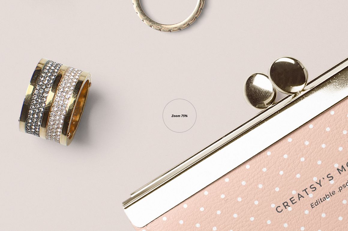 Close-up view of a leather wallet purse mockup with a gold clasp, pale pink surface, and dotted pattern.