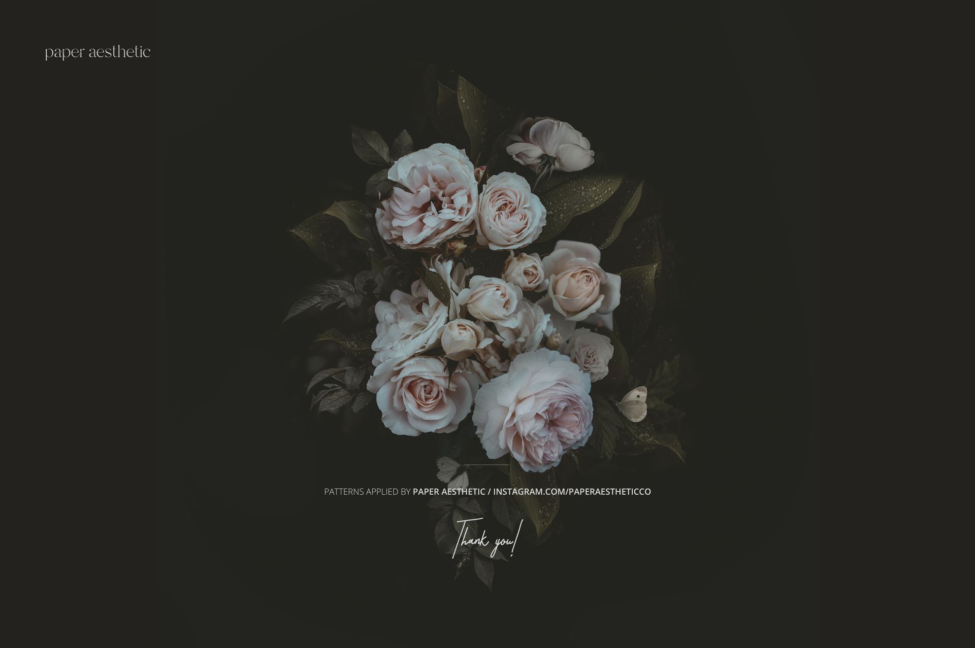 Front view of a non-woven vinyl wallpaper mockup featuring a bouquet of pale pink roses and green leaves on a dark background.