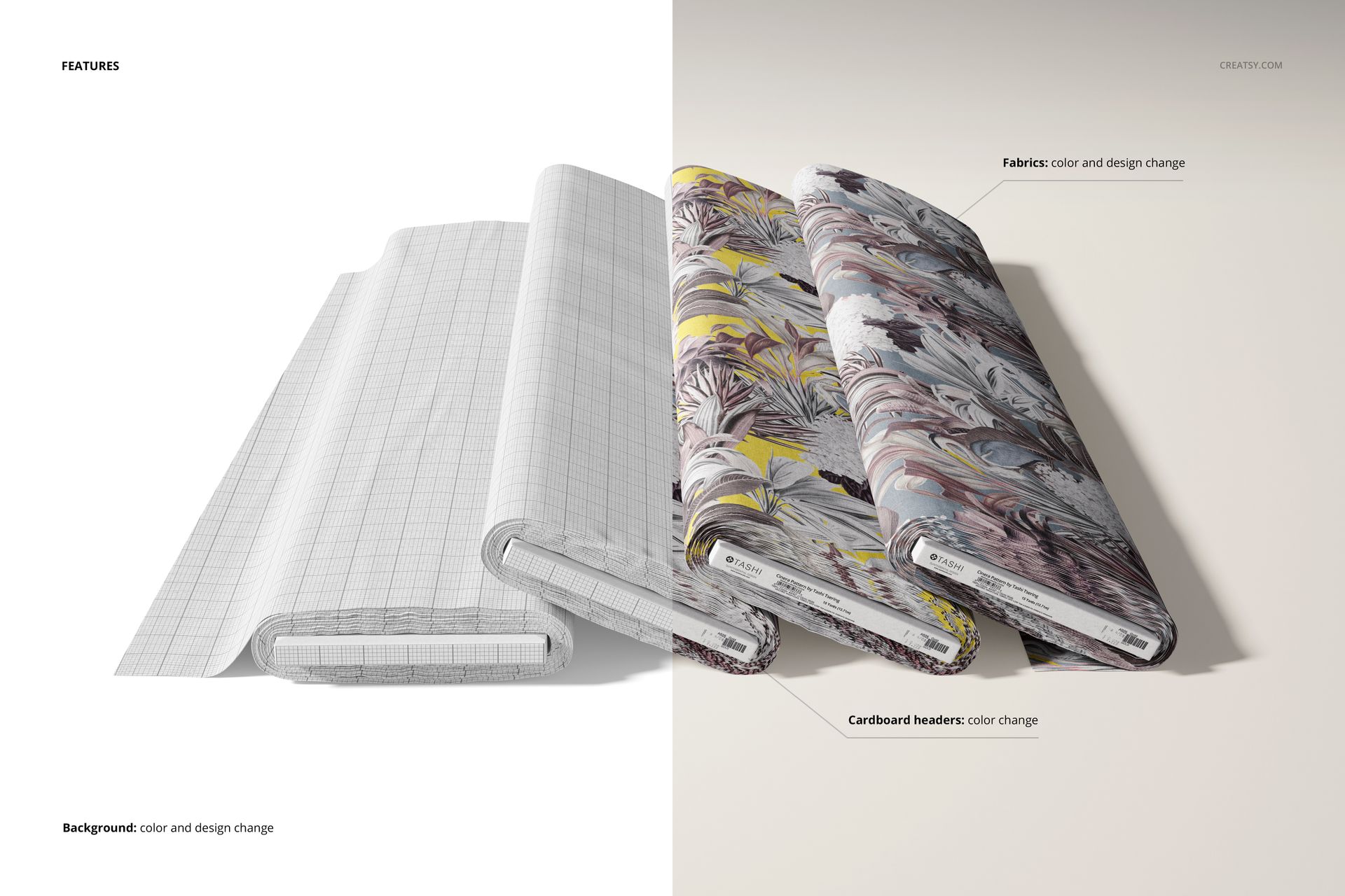 Fabric bolts mockup set with two bolts featuring a grid print and two bolts with colorful leaf patterns, front perspective.