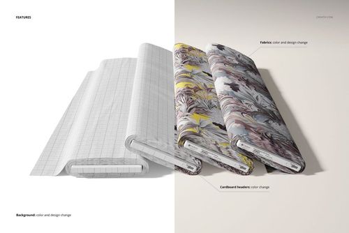 Fabric bolts mockup set with two bolts featuring a grid print and two bolts with colorful leaf patterns, front perspective.