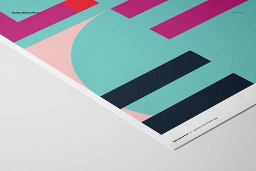 A3 fine art print mockup featuring geometric shapes in teal, pink, red, and navy on textured paper, angled view.