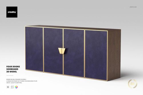 Four-door sideboard with deep blue front panels, gold trim, and wood finish, shown from a straight front angle.
