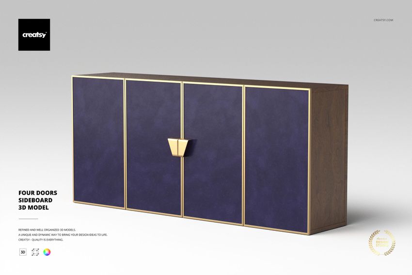 Four-door sideboard with deep blue front panels, gold trim, and wood finish, shown from a straight front angle.