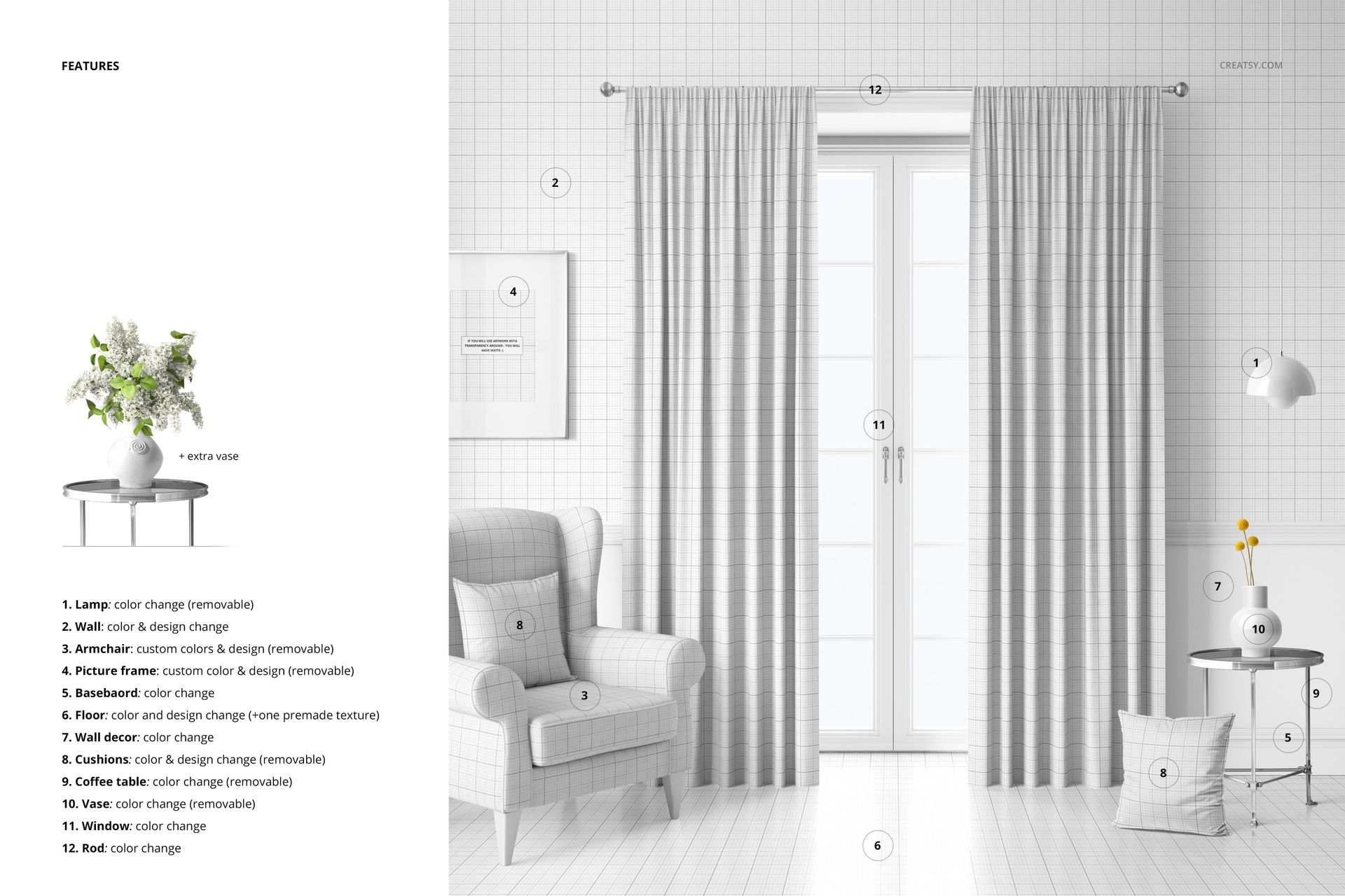 PSD mockup showing velvet pencil pleat curtains in soft gray, styled with an armchair, side table, and vase in a minimalist room.