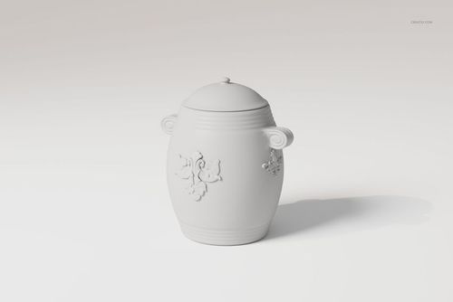 Front view of a decorative urn with a lid, featuring subtle embossed floral patterns on a smooth white surface.