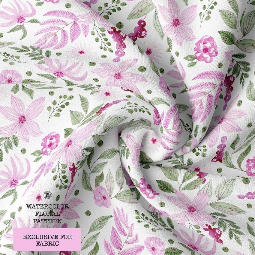 Double brushed polyester fabric mockup featuring a watercolor floral pattern in pink and green, shown with natural folds.