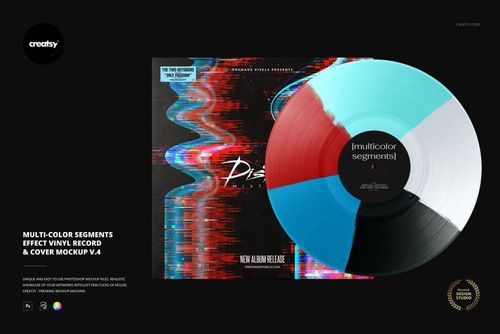 Vinyl record mockup featuring four colored segments and a cover with abstract digital glitch pattern on a dark background.