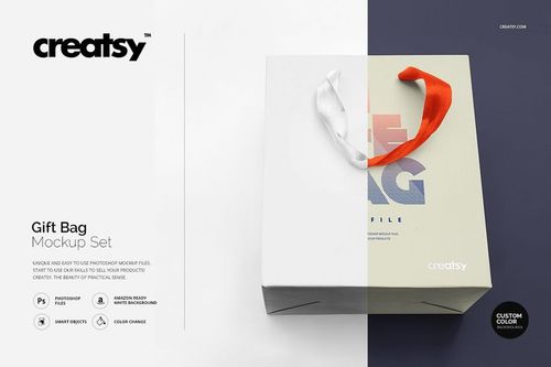 Square gift bag mockup with white and orange handles, neutral background, and editable surface for custom designs.