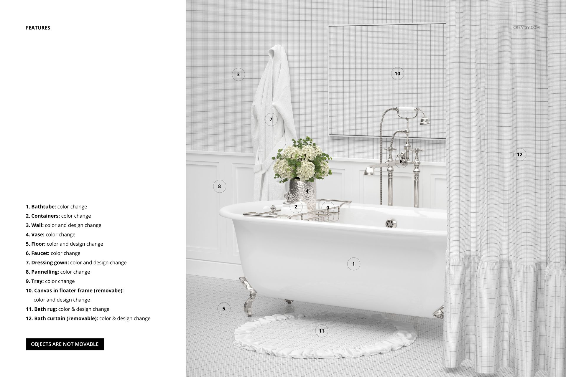 Vintage-style bathroom mockup with a white freestanding bathtub, patterned wallpaper, and elegant decor elements.