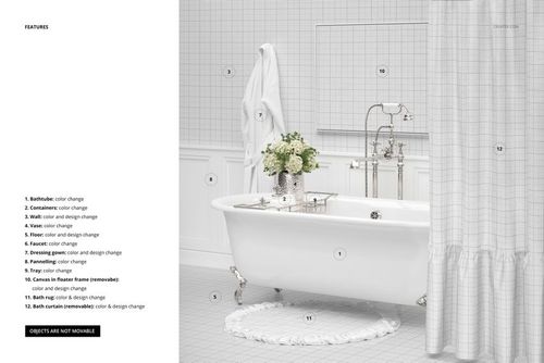 Vintage-style bathroom mockup with a white freestanding bathtub, patterned wallpaper, and elegant decor elements.