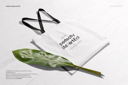 Noissue tote bag mockup shown from a top angle, with black straps and a green leaf placed beside it.