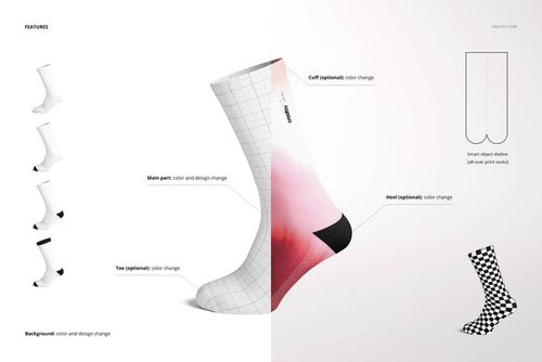 Long socks mockup set showing various editable design areas, with grid pattern and color overlays on a white background.