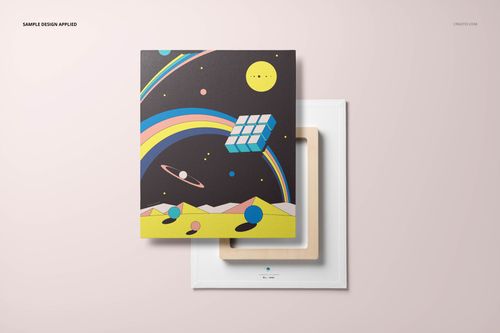 Front view of a square canvas wall art mockup with colorful geometric and space-themed artwork on a light background.