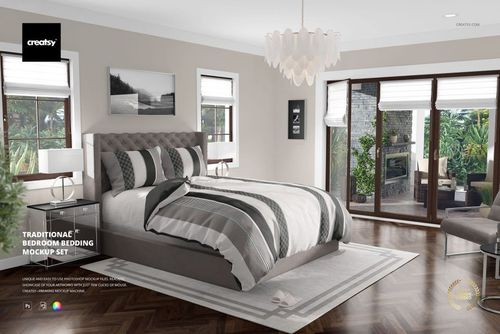Luxurious bedding mockup featuring a gray upholstered bed with striped comforter, pillows, and wooden floor.