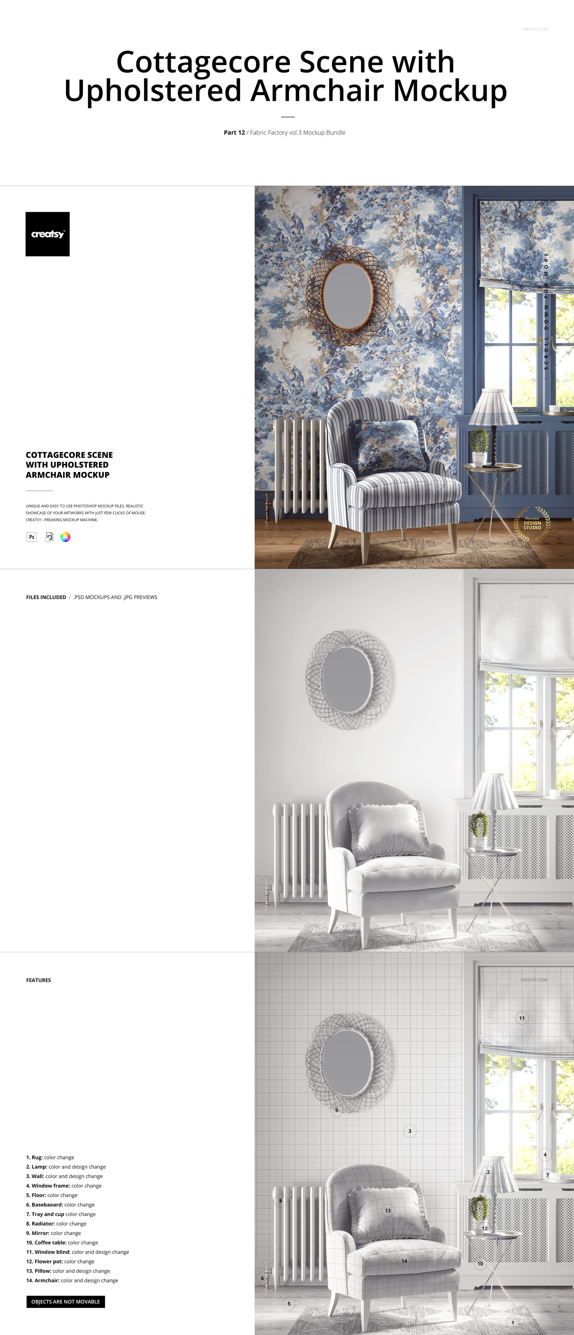 PSD mockup featuring a cozy room setup with an upholstered armchair, blue floral wallpaper, and classic home decor accents.
