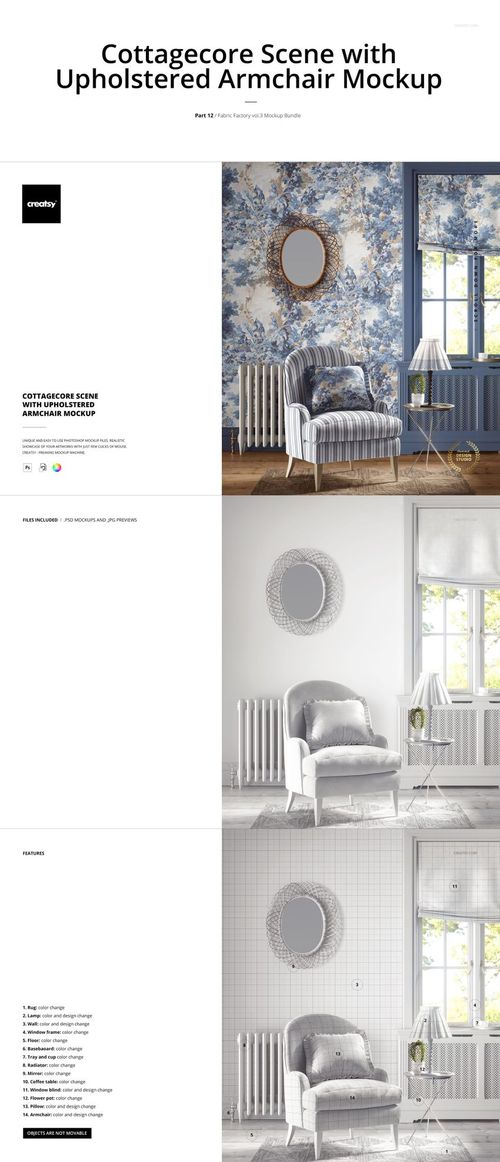 PSD mockup featuring a cozy room setup with an upholstered armchair, blue floral wallpaper, and classic home decor accents.