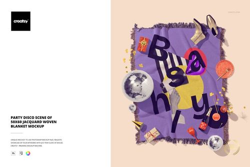 Front view of a jacquard woven blanket mockup with a purple disco-themed pattern, surrounded by party props.