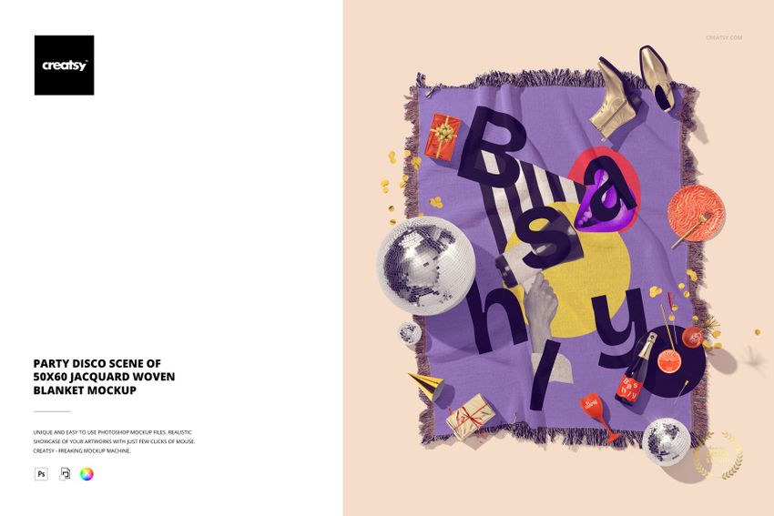 Front view of a jacquard woven blanket mockup with a purple disco-themed pattern, surrounded by party props.