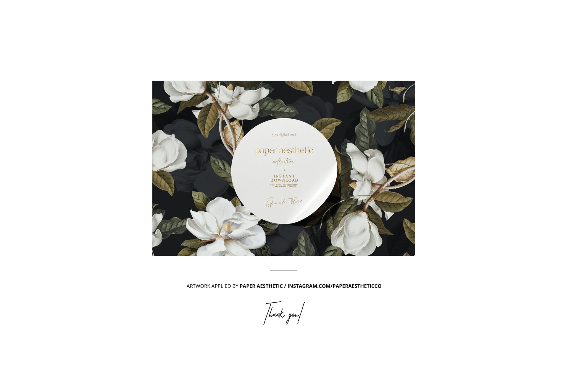 Stand up zip lock bag mockup featuring a front view with a floral pattern in white and green on a dark background.