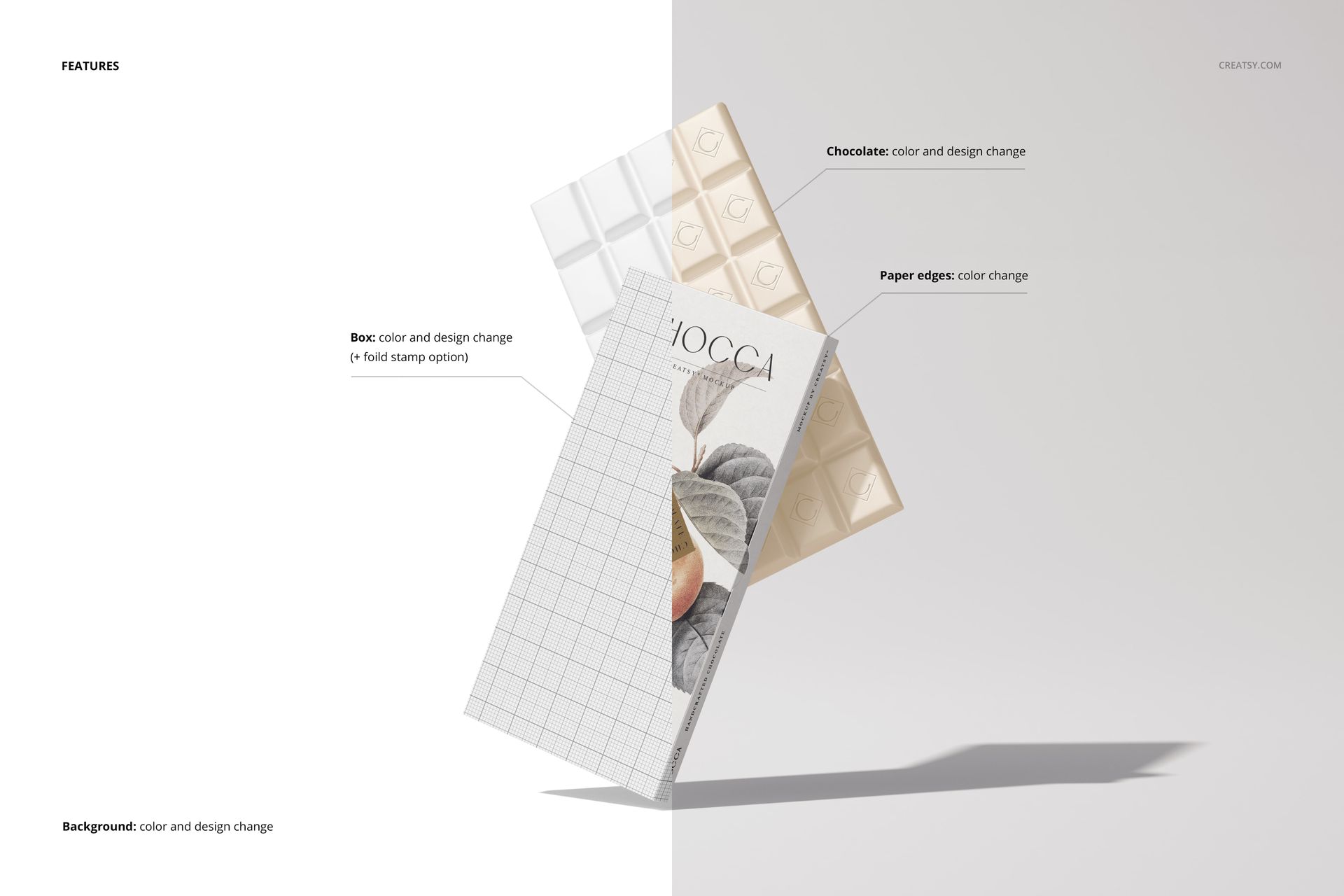 Chocolate bar packaging mockup with customizable wrapper and chocolate pieces, shown in a split background scene.