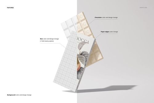 Chocolate bar packaging mockup with customizable wrapper and chocolate pieces, shown in a split background scene.