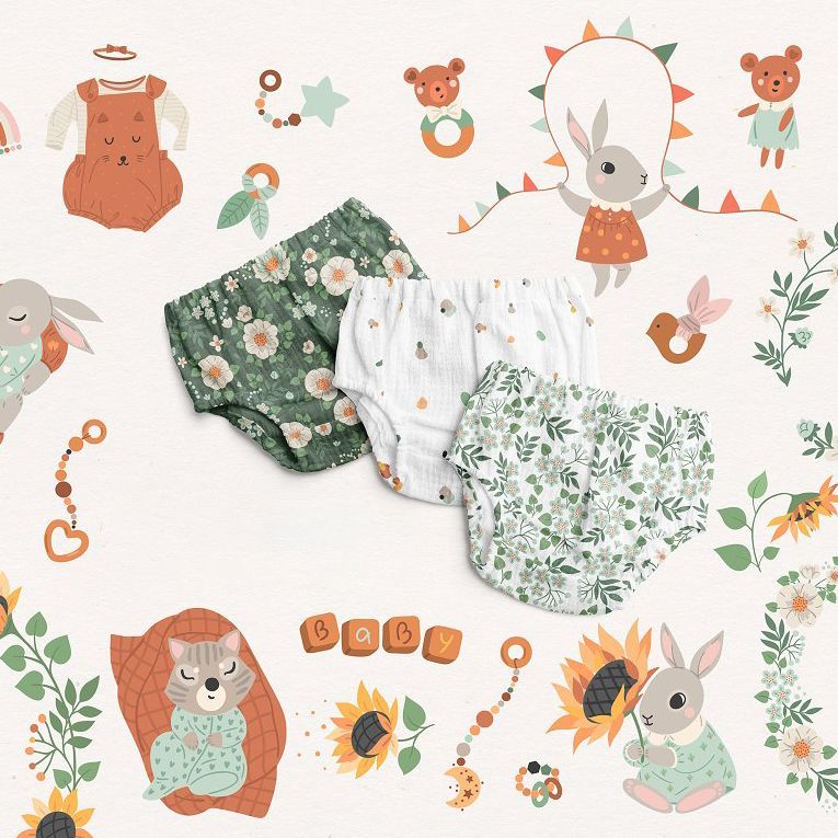 Floral and dotted baby pants mockup placed on a light background decorated with illustrated rabbits, bears, and sunflowers.