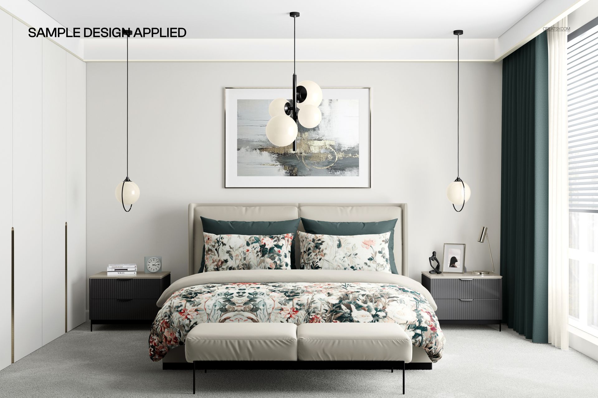 Modern bedroom mockup with king size bed, floral bedding, two nightstands, and pendant lights, front perspective.