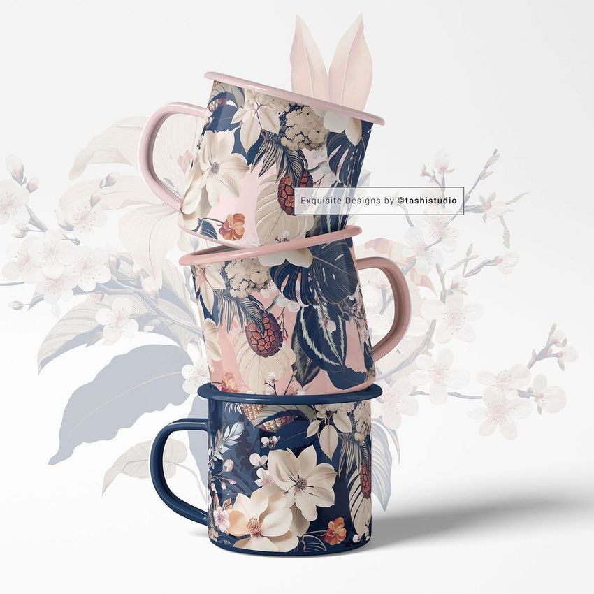 Three enamel mug mockups with silver rims stacked vertically, featuring floral and botanical patterns in soft pastel and navy tones.